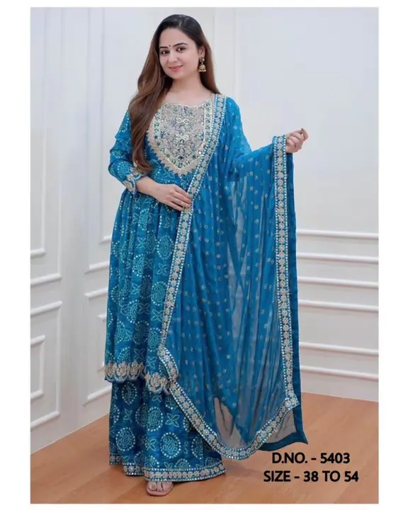 Royal Blue Bandhej Branded Heavy Mebrpdiery Work Kurta, Sharara And Dupatta Set.  uploaded by Golden Girls Fashions on 5/30/2023