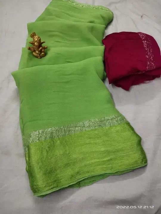 New launch saree viscos sattan ptta
Plain die contrast blouse matching 
Sareee cut 5.5
Blouse .80cm  uploaded by Gotapatti manufacturer on 5/31/2023