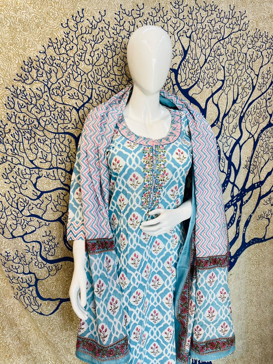 COTTON EMBROIDERY KURTA WITH PANT & COTTON DUPATTA uploaded by Kanak creations on 6/1/2023