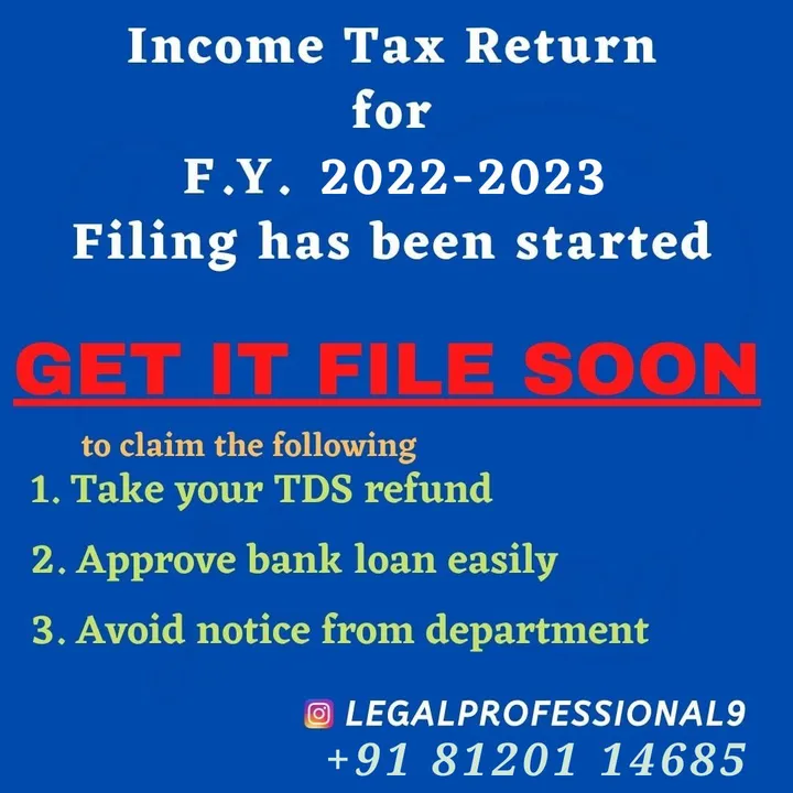 Post image I want 1 Nos of Income Tax Return at a total order value of 1000. I am looking for File your Income Tax Return soon. Deadline is near ie 31/07/2023.
Benefits, TDS refund, Loan process. Please send me price if you have this available.