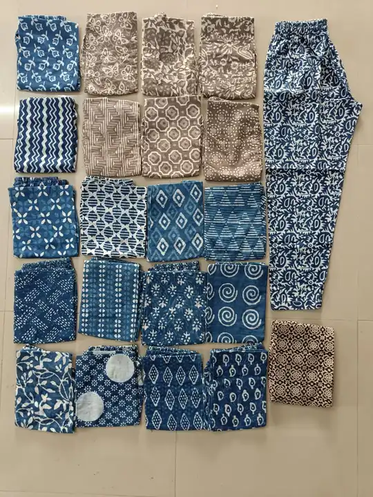 Post image Ajrakh, indigo, dabbu, kalamkari material cotton comfortable pants for summer. Free size. Moq 20 pieces