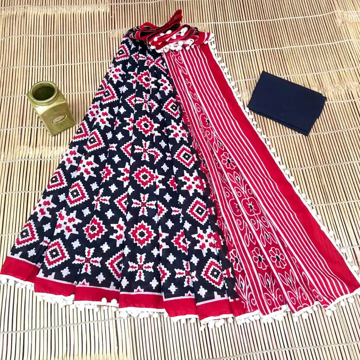 POM POM SAREE COLLECTION 🍁* Cotton mulmul sarees with blouse 

🍁All saree with same blouse 

🍁Fab uploaded by Saiba hand block on 6/1/2023