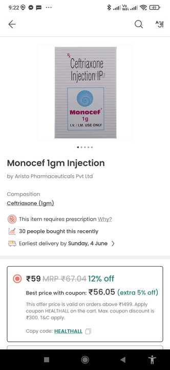 Post image I want 50+ pieces of Monocef 1gm at a total order value of 100000. Please send me price if you have this available.