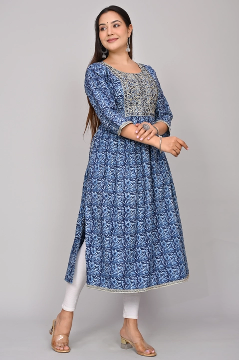 Women Printed Pure Cotton Nayra Cut kurta  (Blue) uploaded by VS Creation on 6/2/2023