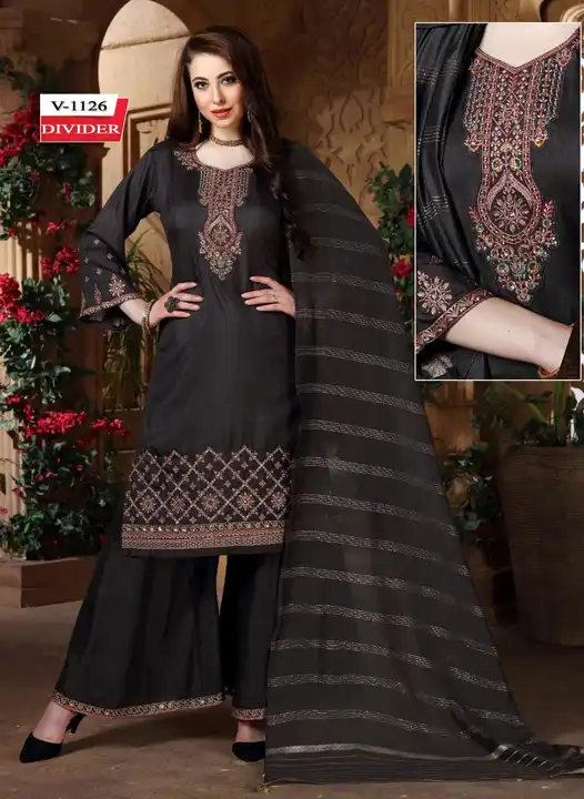 Black colour Dola Silk Embroidered Palazzo suits uploaded by V B Sons on 6/2/2023