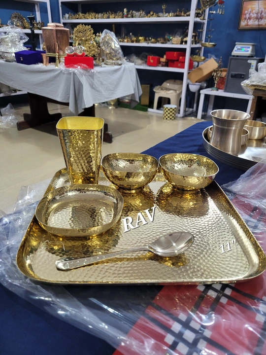 Pure brass bhojan set with hammer uploaded by Brass and silver plated items on 6/2/2023