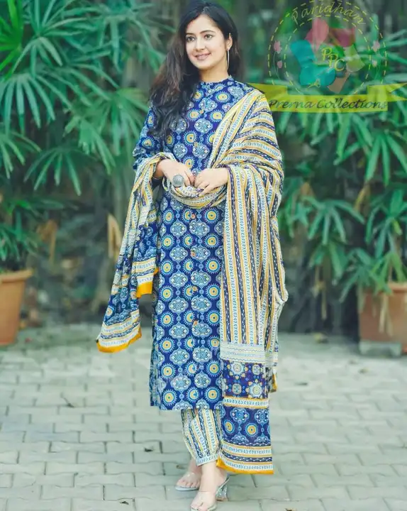 M to 3XL, Pure cotton ajrakh print kurti with buttons paired with ajrakh print cotton gulnar pants a uploaded by Online Ladies Dresses on 6/3/2023