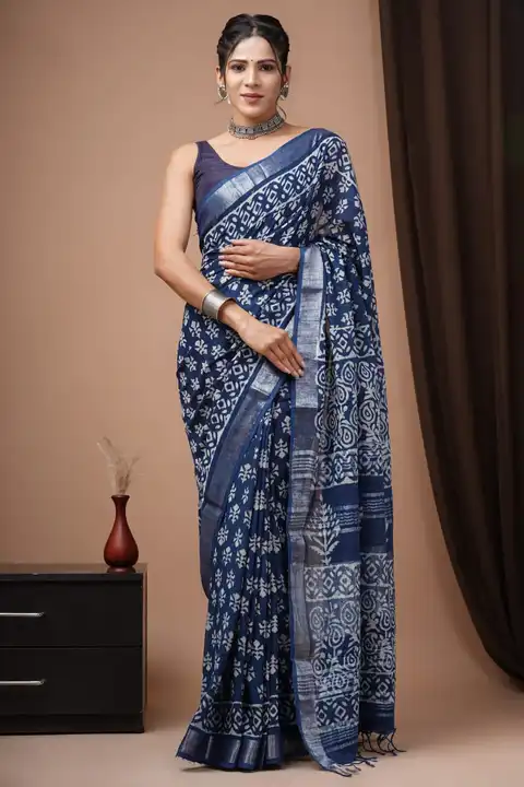 Bagru Hand block printed cotton linen saree  uploaded by The print house  on 6/3/2023