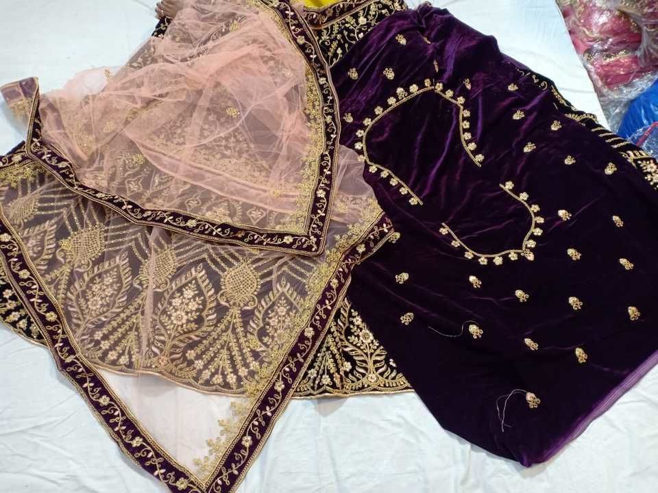 Post image Heavy embroidered bridal lehenga choli
Lehenga:
Febric- heavy velvet
Inner- satin with original can for fluffiness
Size- semistitched free size
Work- kasab work
           Diamond touch up

Dupatta:
Febric- heavy bridal net
Size- 2.3m long with velvet border work
Work- heavy embroidery work

Blouse:
Febric- full velvet
Size- neck and sleeve design work
Work- same as lehenga work matching

Price- INR 2400 per piece with free shipping within Indiai