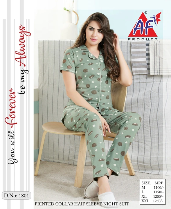 Printed collar half sleeve night suit   (SIZE  :M TO XXL)  uploaded by business on 6/3/2023