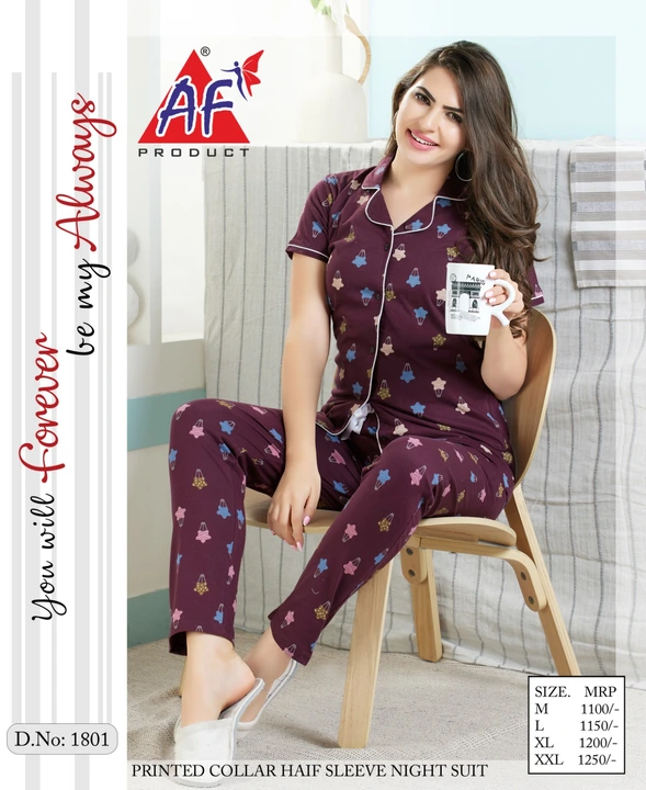 Printed collar half sleeve night suit   (SIZE  :M TO XXL)  uploaded by AJANTA FASHION on 6/3/2023