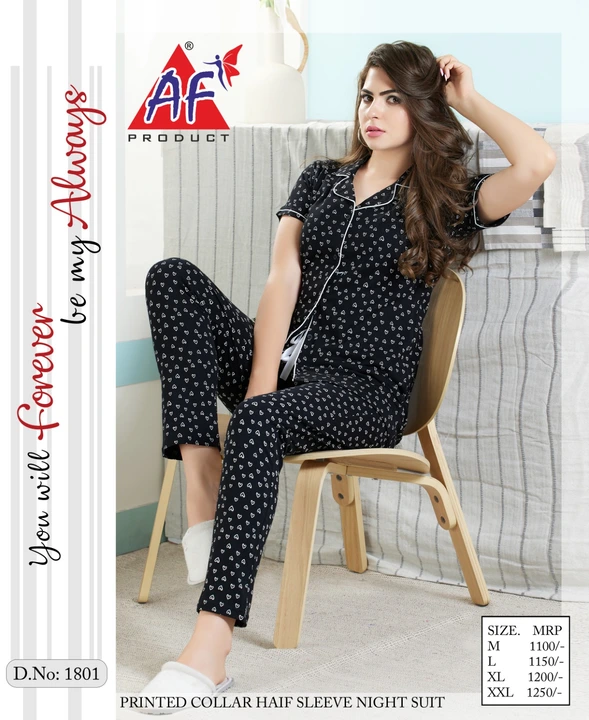 Printed collar half sleeve night suit   (SIZE  :M TO XXL)  uploaded by AJANTA FASHION on 6/3/2023