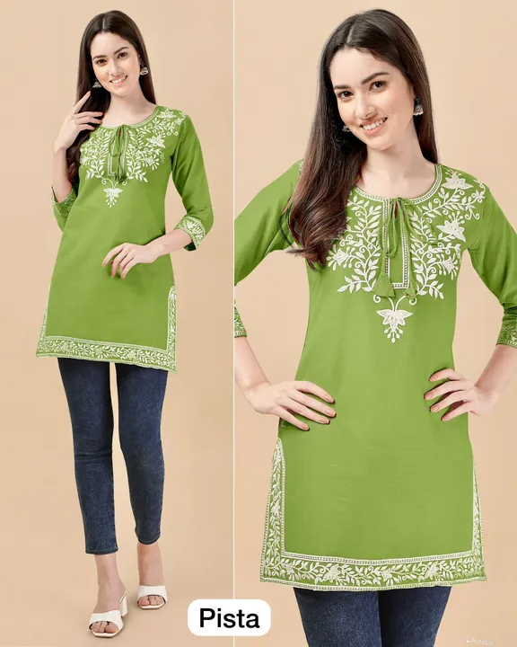 *Adaa*

_Heavy Embroidery Short Tops with Fancy Neck_

*Fabric:* Rayon with Embroidery Work 

*Size: uploaded by Fashion Textile  on 6/3/2023