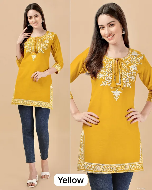 *Adaa*

_Heavy Embroidery Short Tops with Fancy Neck_

*Fabric:* Rayon with Embroidery Work 

*Size: uploaded by Fashion Textile  on 6/3/2023