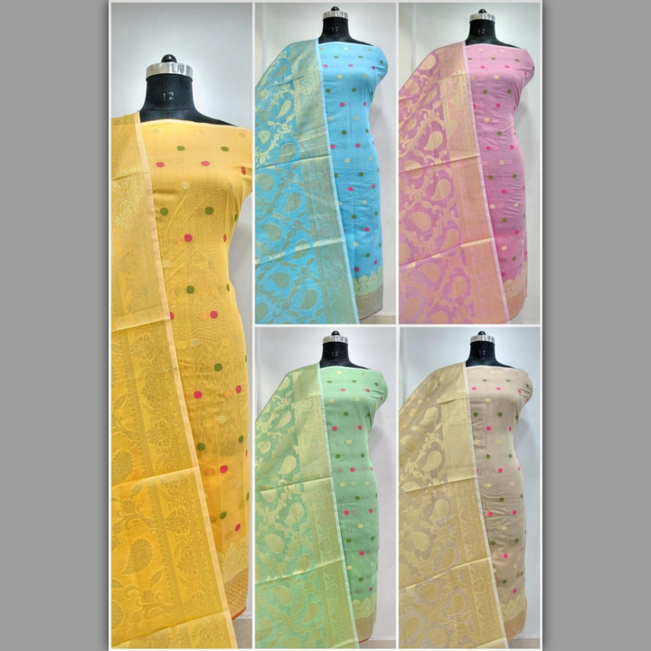 Banarasi dress material

Top.  cotton jequrd 2.30mtr
Bottom.. cotton plain
2.50mtr
Duppta. Banarasi  uploaded by Maa anjani fashion varanasi on 6/4/2023