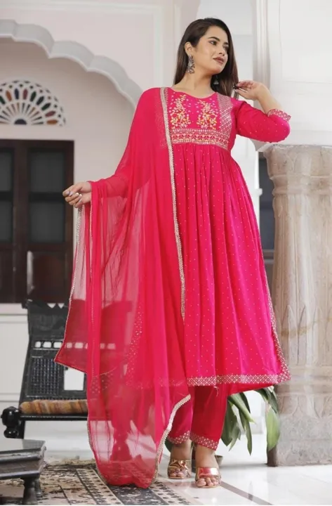 M to XXL, Rayon Fabric Naira cut Heavy Sequence Zari Embroidery With Foil Mirror Work On Yoke + Zari uploaded by Online Ladies Dresses on 6/4/2023