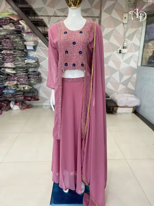 *NEW OUTFIT*❤️✅

*Solid Val-Moti Handworked Indo Western Top With Flared Skirt & Pre-Stitched Draped uploaded by Fashion Textile  on 6/4/2023