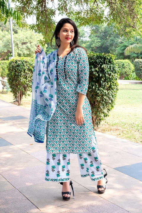 Post image Jaipur print cotton kurta plazoo with mulmal Dupatta set