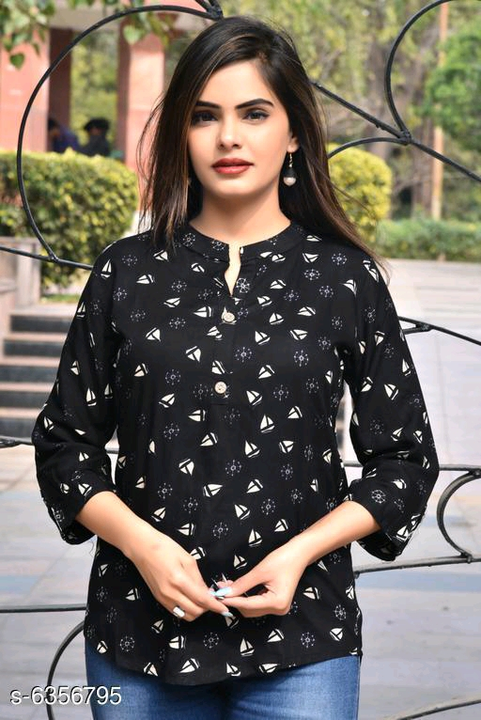 Post image Catalog Name:*Zamaisha Rayon Tops &amp; Tunics*
Rs 370
Fabric: Rayon
Sleeve Length: Three-Quarter Sleeves
Pattern: Printed
Net Quantity (N): 1
Sizes:
S (Bust Size: 34 in, Length Size: 26 in) 
M (Bust Size: 36 in, Length Size: 26 in) 
L (Bust Size: 38 in, Length Size: 26 in) 
XL (Bust Size: 40 in, Length Size: 26 in) 
XXL (Bust Size: 42 in, Length Size: 26 in) 
XXXL (Bust Size: 46 in, Length Size: 26 in) 

Dispatch: 2 Days

*Proof of Safe Delivery! Click to know on Safety Standards of Delivery Partners- https://ltl.sh/y_nZrAV3