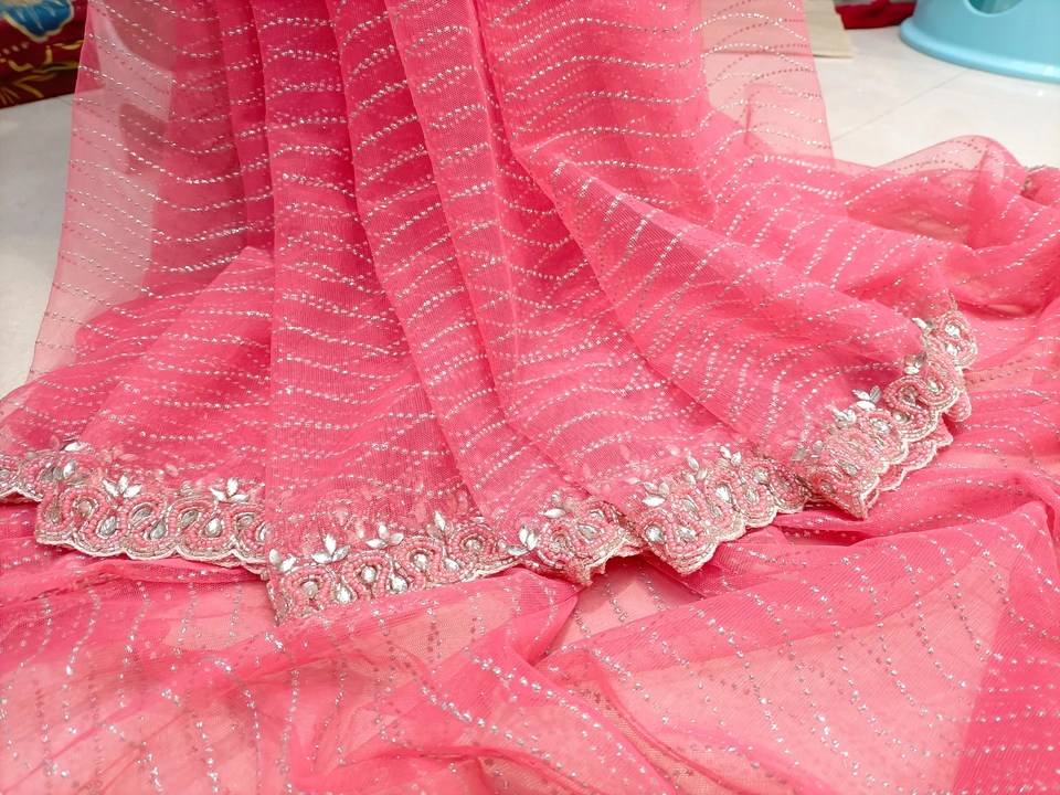Pink Moti Pot Saree Hand Embroidery  Net saree uploaded by Aminul Zari Art on 6/4/2023