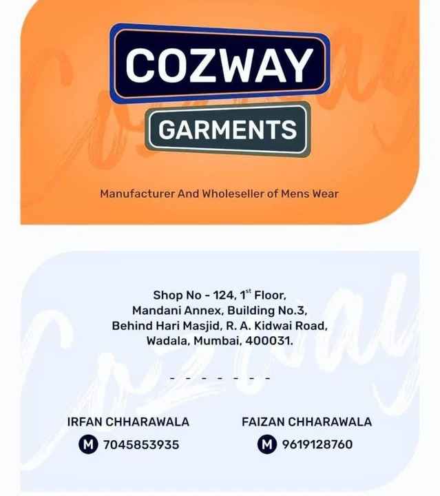 Visiting card store images of Cozway garment
