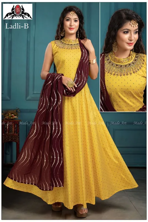 Thafetha gown e
With 
Banarasi silk duppta 
Size ; L
Rate ;355/_;
Full handwork. Gown uploaded by Ridhi Sidhi Creation 9512733183 on 6/5/2023