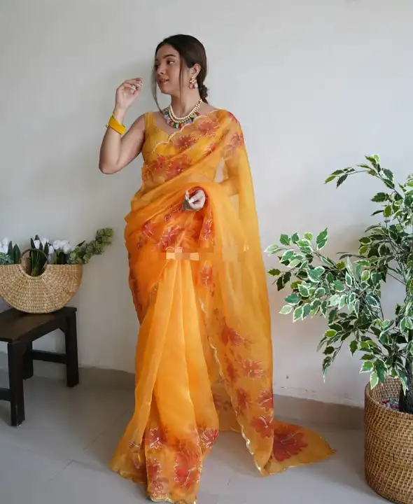 Flower print border orange pure organza saree  uploaded by Organza mall on 6/6/2023