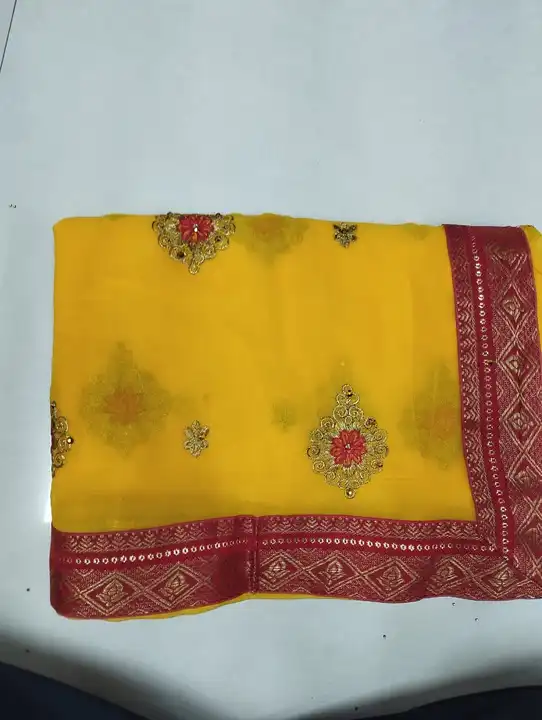 Yellow georget saree uploaded by Amit textiles on 6/6/2023