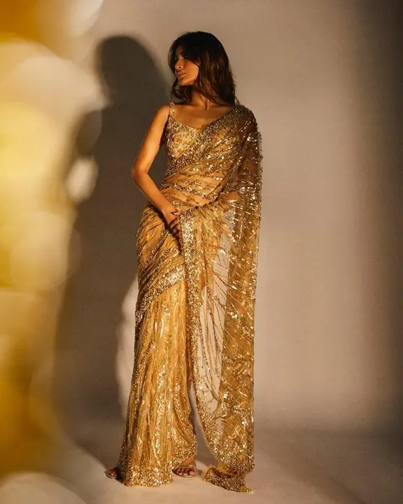 Beige colored net sequence worked saree  uploaded by Celeb Styles on 6/7/2023