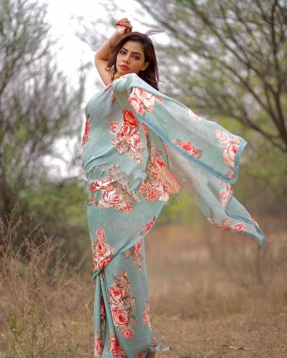 Sky blue colored georgette saree uploaded by Celeb Styles on 6/7/2023