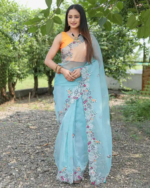 Sea blue colored organza silk embroidered saree uploaded by Celeb Styles on 6/7/2023