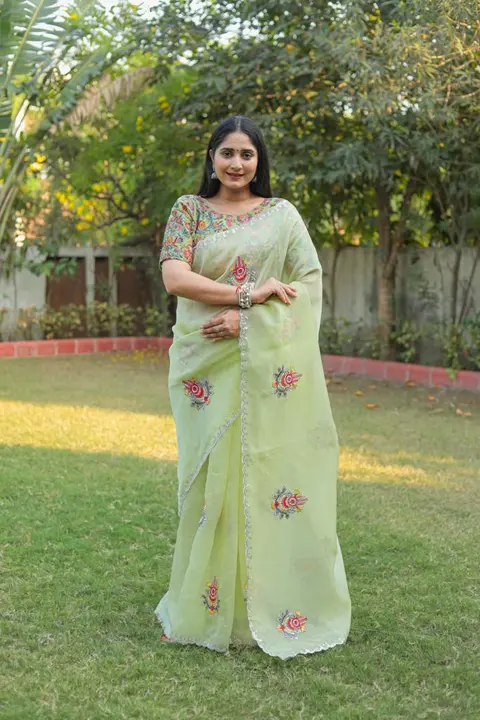 Green colored organza silk embroidered saree uploaded by Celeb Styles on 6/7/2023