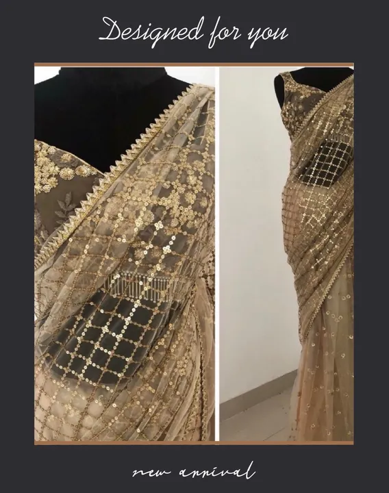Beige colored net sequence worked saree uploaded by Celeb Styles on 6/7/2023