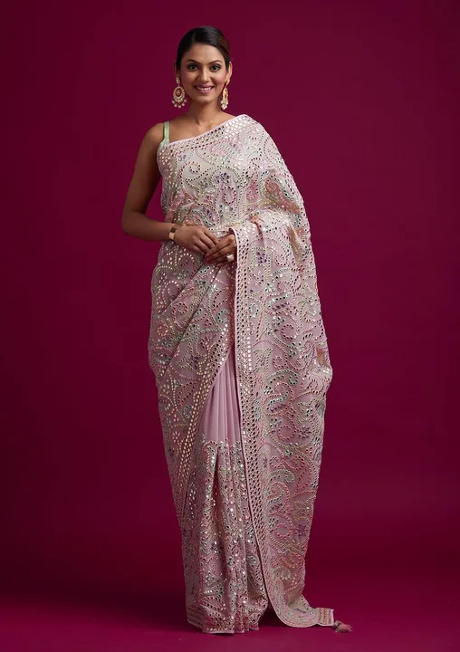 Baby pink colored georgette embroidered saree uploaded by Celeb Styles on 6/7/2023