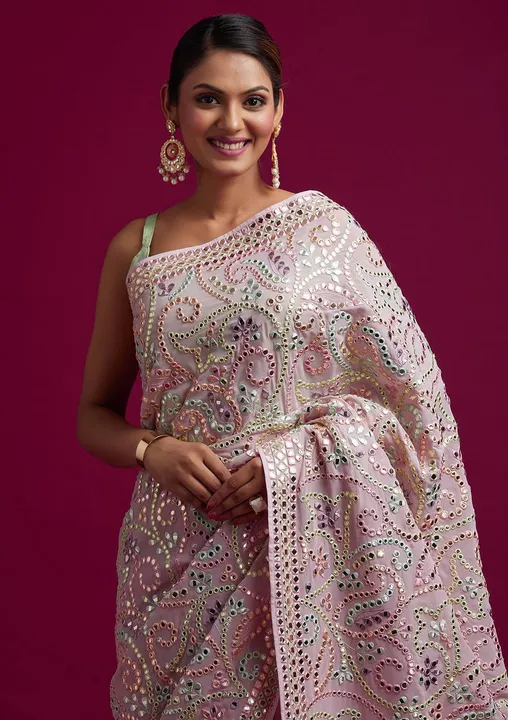 Baby pink colored georgette embroidered saree uploaded by Celeb Styles on 6/7/2023