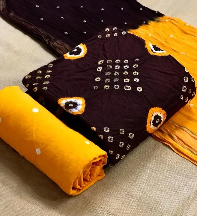 ✅Bandhej Dress Material ✅Top + Bottom + Dupatta Set ✅COD available ☎ uploaded by Vraj-Vihar Synthetics on 6/7/2023