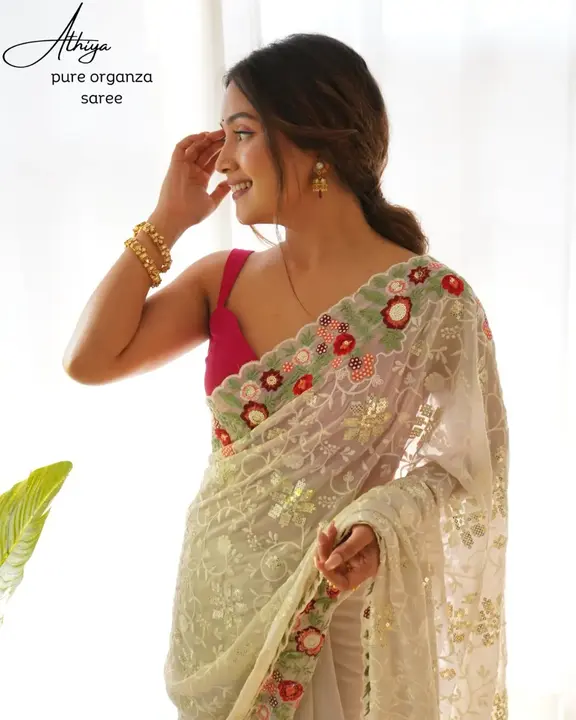 Off white classic embroidery worked heavy georgette saree uploaded by Organza mall on 6/8/2023