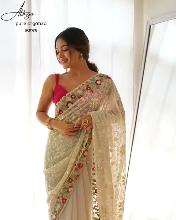 Off white classic embroidery worked heavy georgette saree uploaded by Organza mall on 6/8/2023