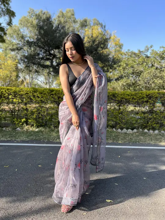 Foggy grey with border work pure organza saree  uploaded by Organza mall on 6/8/2023