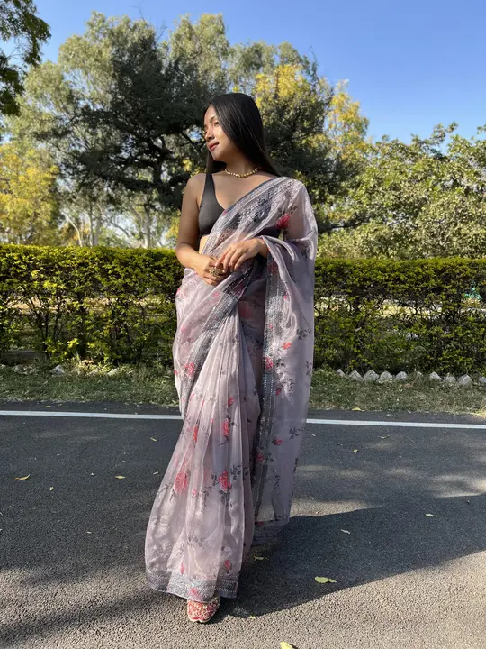 Foggy grey with border work pure organza saree  uploaded by Organza mall on 6/8/2023