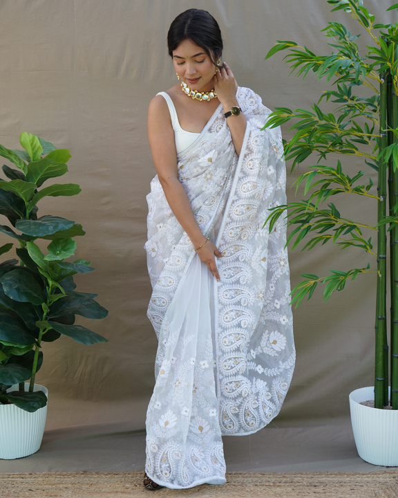 Ivory white heavy chikankari worked pure organza saree uploaded by Organza mall on 6/8/2023