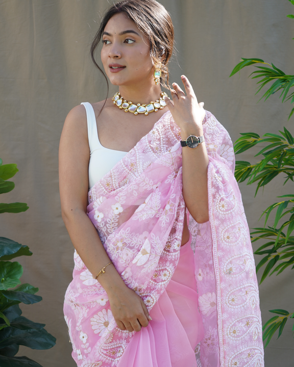 Sweet pink heavy chikankari pure organza saree  uploaded by Organza mall on 6/8/2023
