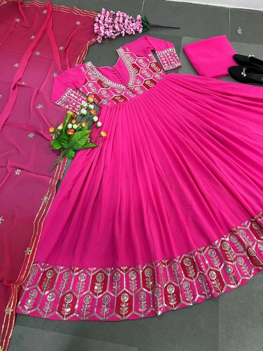 Elegant Pink Georgette Embroidery With Sequence Work Gown With Pant And Dupatta uploaded by Parth Fashion on 6/8/2023