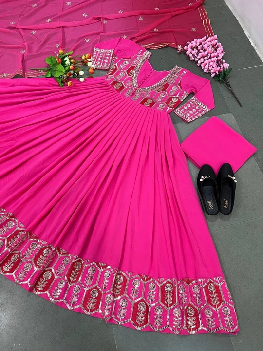 Elegant Pink Georgette Embroidery With Sequence Work Gown With Pant And Dupatta uploaded by Parth Fashion on 6/8/2023