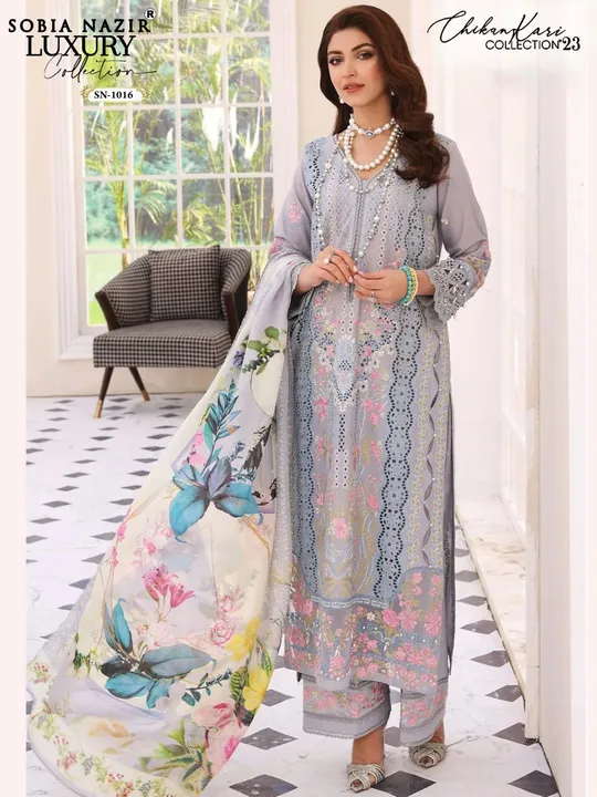 _*BRAND NAME*_:- SOBIA NAZIR
_*D NO*_:- SN 1016
_*Top*_:- LAWN EMBROIDERED WITH CHIKENKARI AND HAN uploaded by Fashion Textile  on 6/8/2023