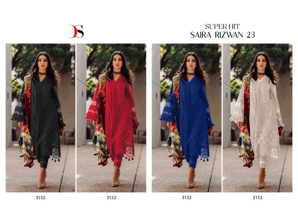 *SUPER HIT SAIRA RIZWAN 23 by DEEPSY SUITS* 

Design no: 3152 ABCD 

Top -Pure Cambric cotton with h uploaded by Fashion Textile  on 6/8/2023