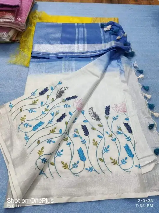 Cotton linen embroidery work sarees  uploaded by M S handloom  on 6/9/2023