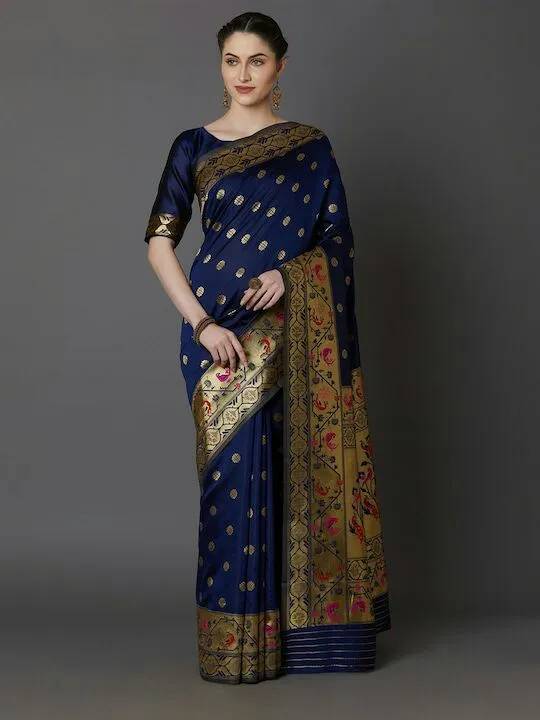Mitera Navy Blue & Gold-Toned Silk Blend Woven Design Banarasi Saree  uploaded by business on 6/9/2023