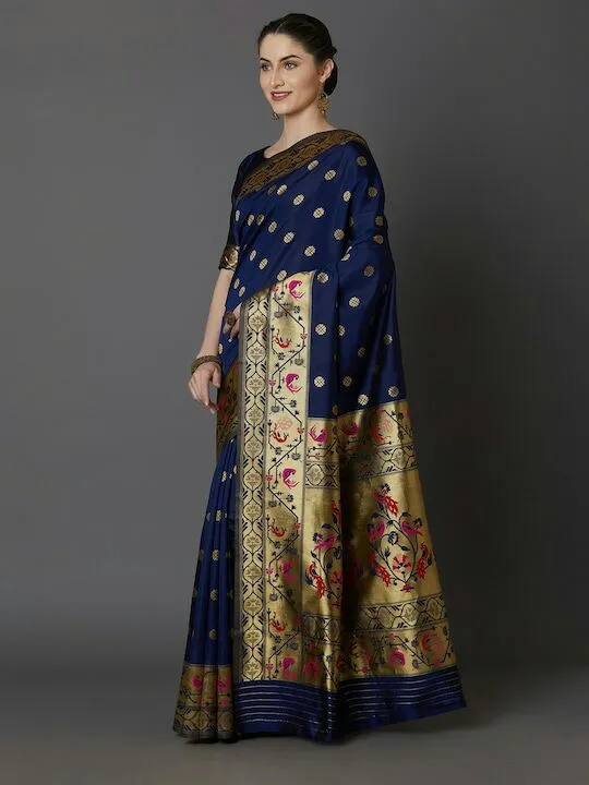 Mitera Navy Blue & Gold-Toned Silk Blend Woven Design Banarasi Saree  uploaded by RAJGHRANAA COUTURE on 6/9/2023