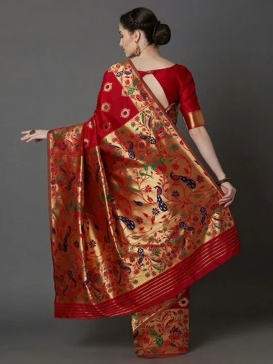 Mitera Navy red & Gold-Toned Silk Blend Woven Design Banarasi Saree Rs.32950 uploaded by RAJGHRANAA COUTURE on 6/9/2023